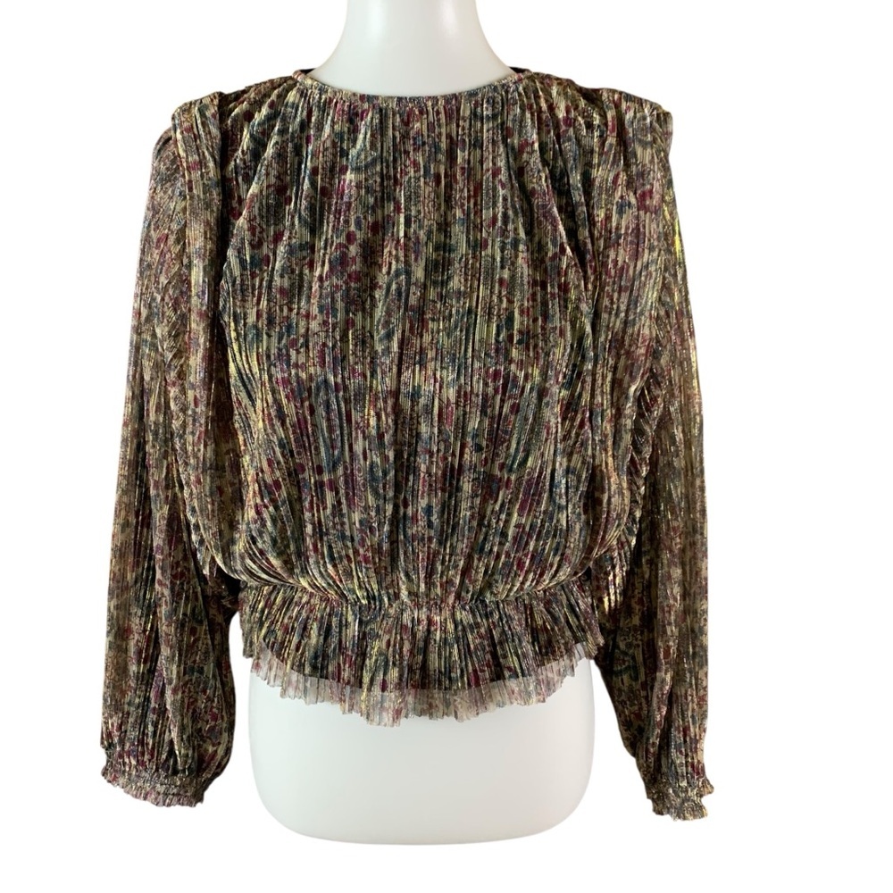Le‎ Temps Des Cerises Floral Metallic Blouse XS Boho Romantic Sheer Pleated